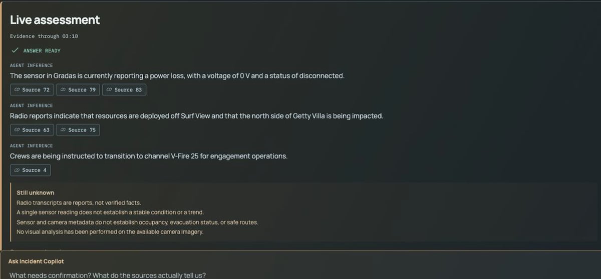 Live assessment panel from the prototype: three agent inferences, each followed by numbered source chips, above a "Still unknown" box listing the limits of the available evidence